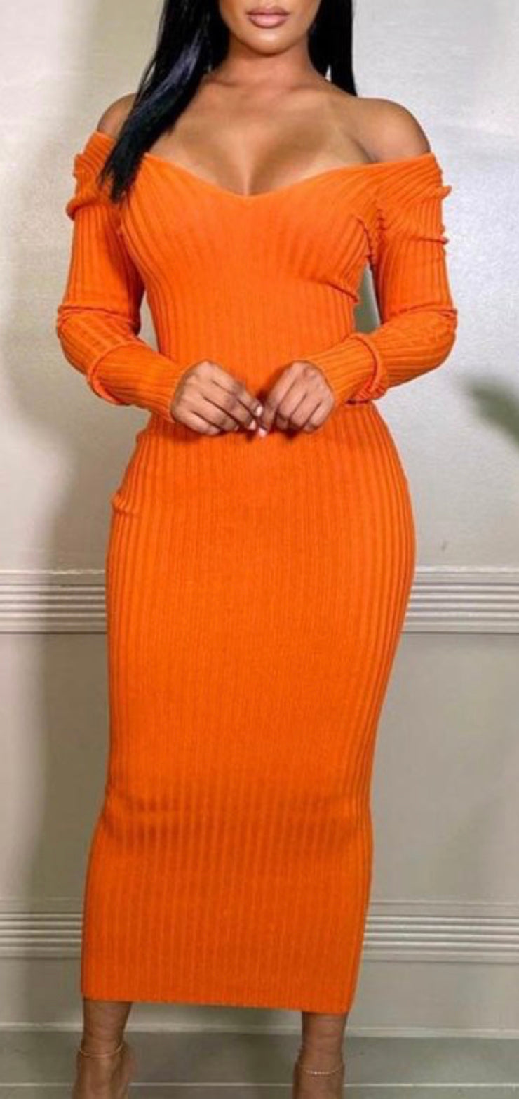 Orange Rib Knit Off Shoulder Slim Dress