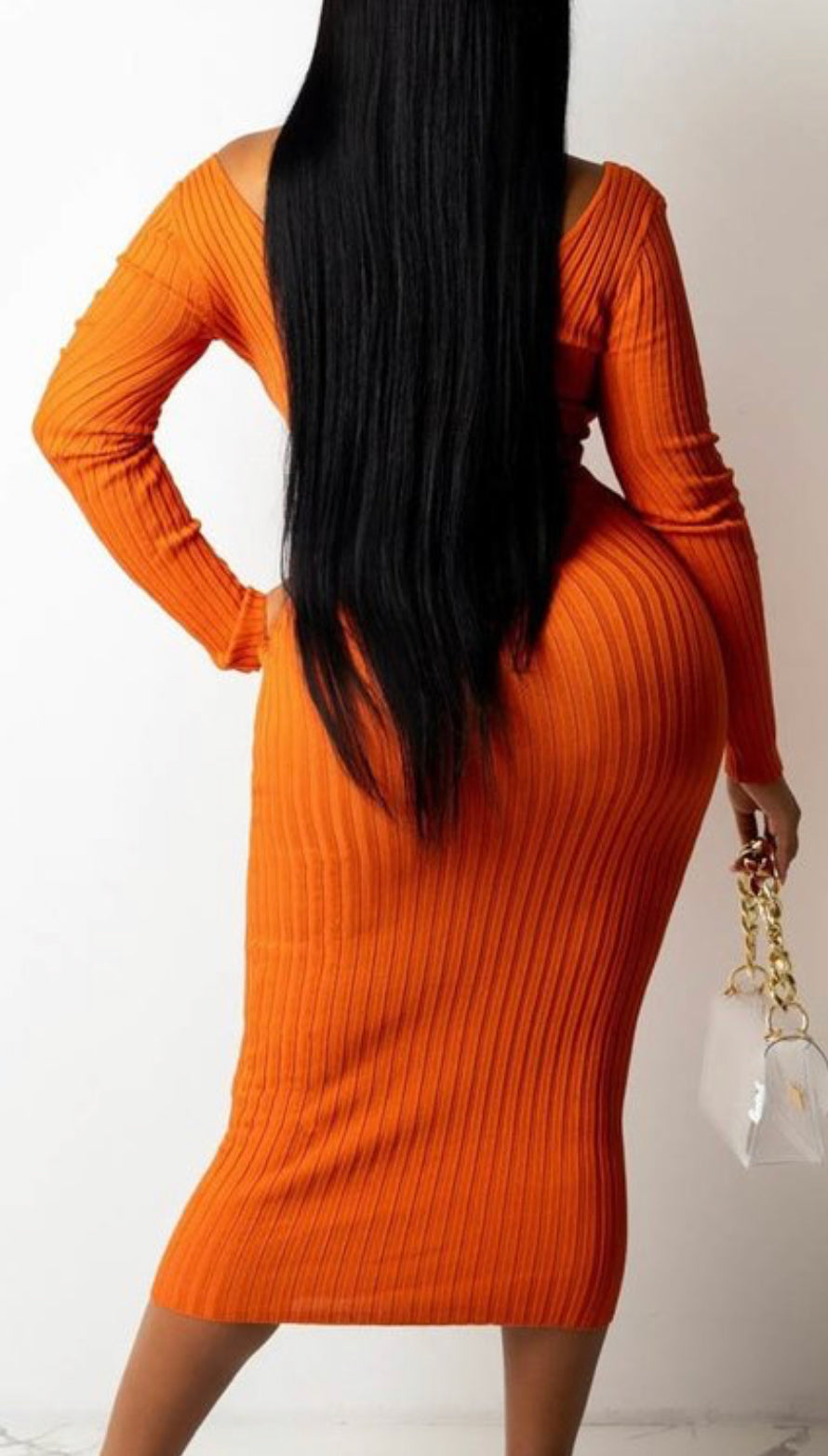 Orange Rib Knit Off Shoulder Slim Dress