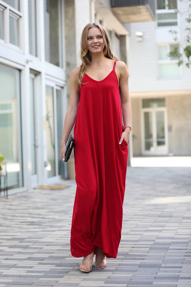 Burgundy V-neck  Maxi Dress w pockets