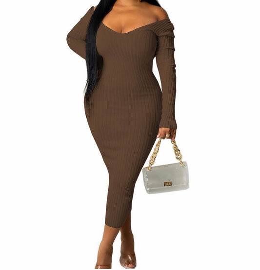 Coffee Rib Knit Off Shoulder Slim Dress