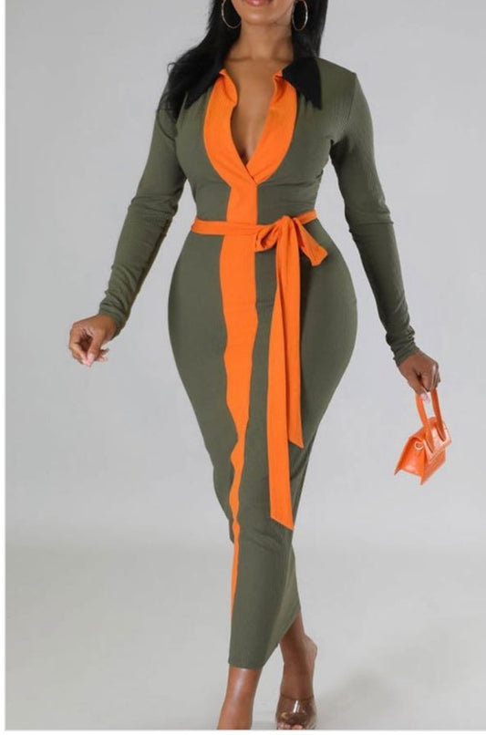 Orange and Olive Belted Dress