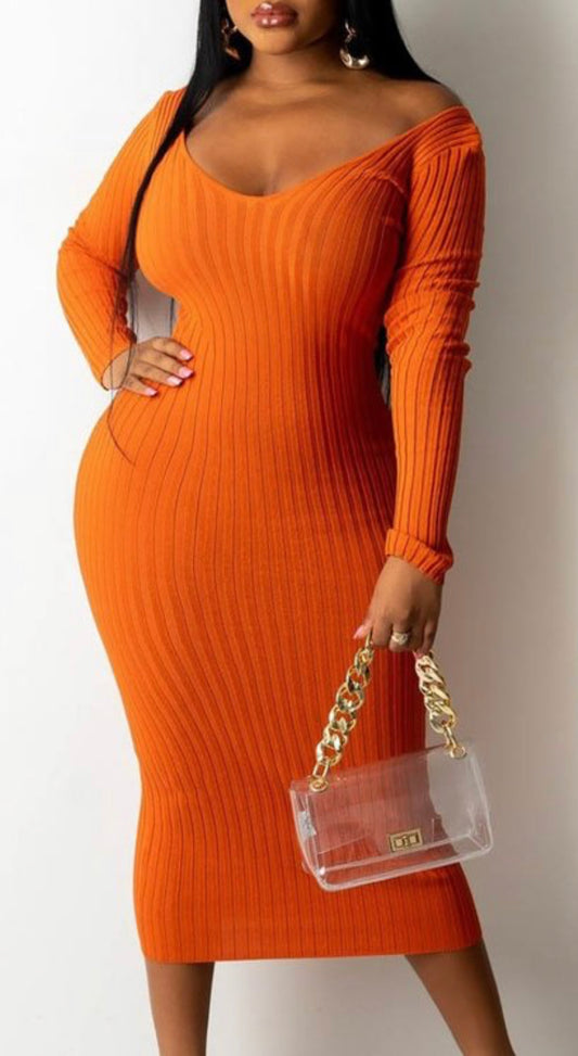 Orange Rib Knit Off Shoulder Slim Dress